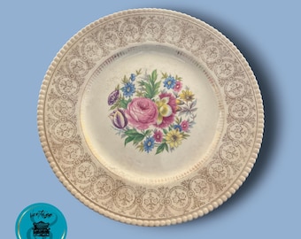 Vintage Dinner Plate, Fondeville, Ambassador Ware, Made in England, Athlone Pattern, Floral and Gold Filigree Plate, 1950's,