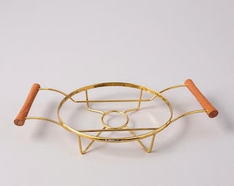 Mid Century Modern Serving Cradle: Gold Metal & Wood Handles