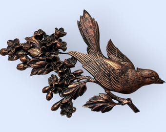 Gold Bird Wall Art with Flowers, Mid Century Modern, Dart Industries, Plastic Wall Hanging, 1960s Decor, Made in USA, Bird on Branch