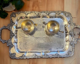 Silver Plated Serving Tray, Creamer & Sugar Bowl Set, Viking Plate, Old English Reproduction, Lipman Brothers, Grape Vine Pattern, Ornate,