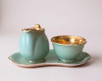 Vintage Creamer and Sugar Bowl Set with Tray, Mint Green and Gold, Crown Devon, Made in England, 3 Piece Set,