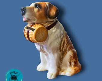 Vintage St. Bernard Figurine, Made in Japan, Ceramic Dog Bank with Barrel, Mid Century Collectible, Vintage Knick Knacks, Vintage Piggy Bank