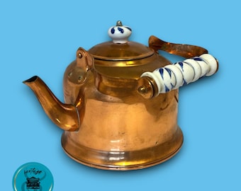 Vintage Copper Tea Kettle, Made in Korea, Porcelain Handle, Solid Copper, Farmhouse Decor, Vintage Kitchen,
