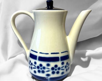 Vintage Ceramic Teapot, Made in Germany, Waku Feuerfest, Mid Century Pottery, Farmhouse, Cottagecore, White and Blue Ceramic Tea Pot,