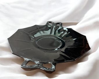 Vintage Glass Serving Tray, in Black/Ebony by Fosteria, Handled Cake Platter, Black Glass, Serving Platter