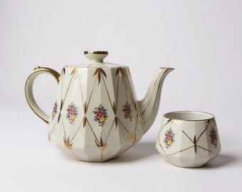 Vintage Sadler Teapot and Sugar Bowl Set, Ceramic, Made in England, Floral,