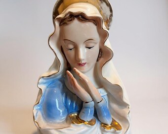 Virgin Mary Planter, Vintage Ceramic Madonna Plant Holder, 1960s, Mid Century Modern Home Decor, Made in Japan,