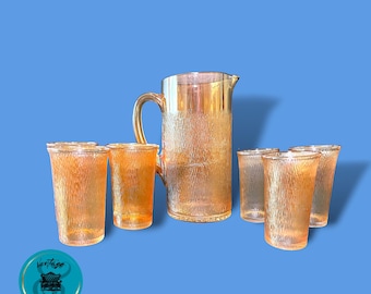 Glass Pitcher&Glasses, Jeanette Glass Co., Tree Bark Pattern, Marigold Carnival Glass