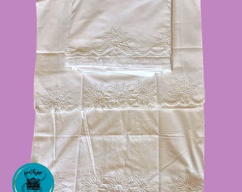 Linen Flat Sheet & Pillow Case Set, Vintage Cotton Linen, Crochet Floral Edge