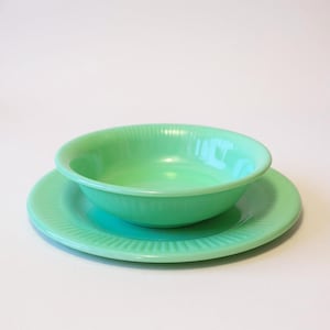 Fire King Jadite Soup Bowl and Plate, Jane Ray Pattern, 1950s,