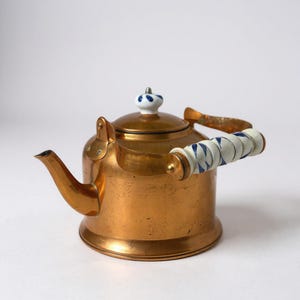 Vintage Copper Tea Kettle: Korean Porcelain Handle, Farmhouse Kitchen Decor