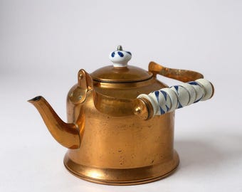 Vintage Copper Tea Kettle: Korean Porcelain Handle, Farmhouse Kitchen Decor
