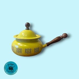 Retro Yellow Fondue Pot with Wooden Handle - 1970s Kitchen Decor