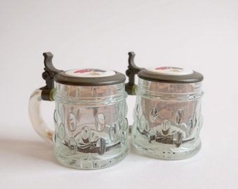Vintage Miniature Glass Stein Pair, Clear Hobnail Glass, Pewter Lid, Collectibles Figurines, BMF Schnapskrugerl Rein Zinn, Shot Glasses