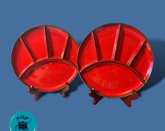 Vintage Red Divided Plates, Set of 2, Ceramic Vintage Plates, 5 Sections, Fondue Plates, Mid Century Modern, Retro Dining, 1960's