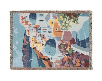 Santorini Woven Blanket - Greece Vacation Summer Beach Mama Mia Home Decor Throw, Wall Tapestry, Travel Gift, Mediterranean Bedding, Coastal