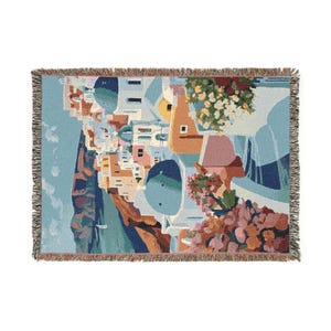 Santorini Woven Blanket - Greece Vacation Summer Beach Mama Mia Home Decor Throw, Wall Tapestry, Travel Gift, Mediterranean Bedding, Coastal