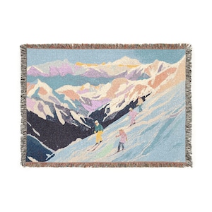 Coperta intrecciata, Famiglia di sciatori, Sci, Regalo per sciatori, Decorazioni invernali per la casa, Coperta accogliente, Regalo di Natale, Souvenir di una vacanza sulla neve