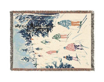 Ski Blanket, Mountain Lodge Home Decor, Winter Cabin Throw, Cozy Snow Blanket, Skiing Gift, Nordic Chalet Woven Blanket
