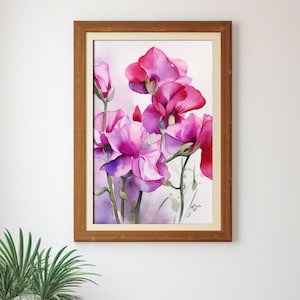 Sweet Pea Watercolor Digital Painting, Realistic Sweet Pea Watercolor For Hallway, Bathroom, Living Room, Office Deco, Lathyrus Painting