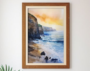 Sunset At The Cliffs Watercolor, Beach Life Art, Cliffs Painting For Beach House, Ocean Landscape & Sunset, Airbnb Wall Art, Vrbo Wall Decor