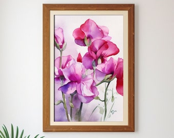 スイートピーの水彩画：植物の花の絵画 - Etsy 日本