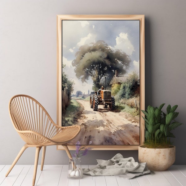 Rustic Tractor Watercolor Painting, Vintage Farm Road Art, Country Decor, Nature Scene, Ranch Living Artwork, American Farm Scene