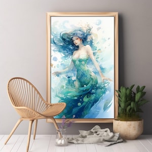 Art Nouveau Mermaid Watercolor Painting, Vintage Ocean Beauty Wall Art, Art Deco Mermaid Portrait