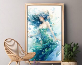 Art Nouveau Mermaid Watercolor Painting, Vintage Ocean Beauty Wall Art, Art Deco Mermaid Portrait