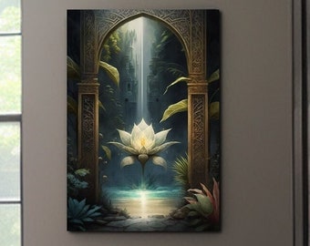 Digital Lotus Flower Entrance To Paradise Wall Art, Relaxing Decor, Meditative Poster For Yoga Studios or Enlightenment Searchers