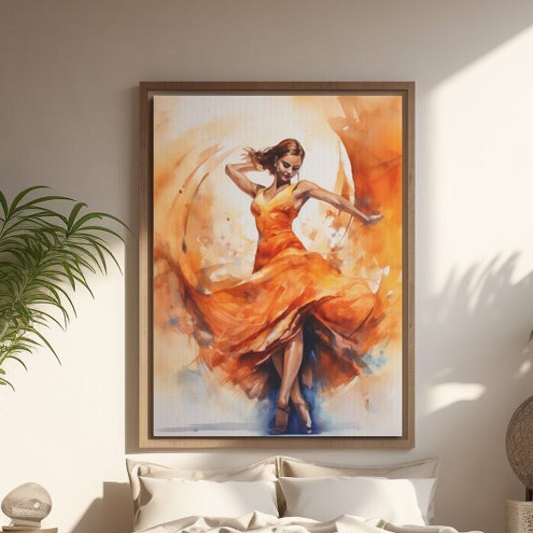 Impression aquarelle de danse salsa, danse latine, oeuvre d'art unique en son genre, illustration numérique de salsa d'une femme qui danse