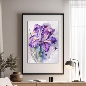 May include: A watercolor painting of a purple iris flower with green leaves and a light purple background.