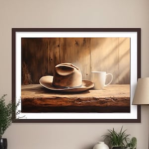 Op de afbeelding: Een ingelijst schilderij van een bruine cowboyhoed en een witte mok op een houten oppervlak. Het schilderij is geplaatst tegen een houten wand met een balk die over de bovenkant loopt. Het licht komt van de rechterkant van het schilderij en werpt schaduwen op de hoed en de mok.