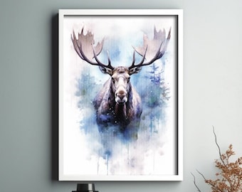 Moose Watercolor Art Print, Animal Painting For Wall, Office Watercolor Artwork, Watercolor Wildlife Art, Moose Animal Print, Moose Art