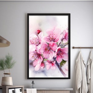 Cherry Blossom Flower Watercolor Painting, Realistic Sakura Flower Watercolor For Hallway, Bathroom, Living Room, Cherry Blossom Painting