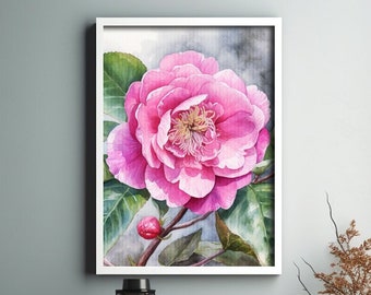 オリジナル水彩画：ピンクの椿の花の絵画 - Etsy 日本