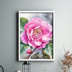 Camellia Watercolor Digital Painting, Realistic Japanese Camellia Watercolor Art For Hallway, Bathroom, Living Room, Office Deco, Japonica