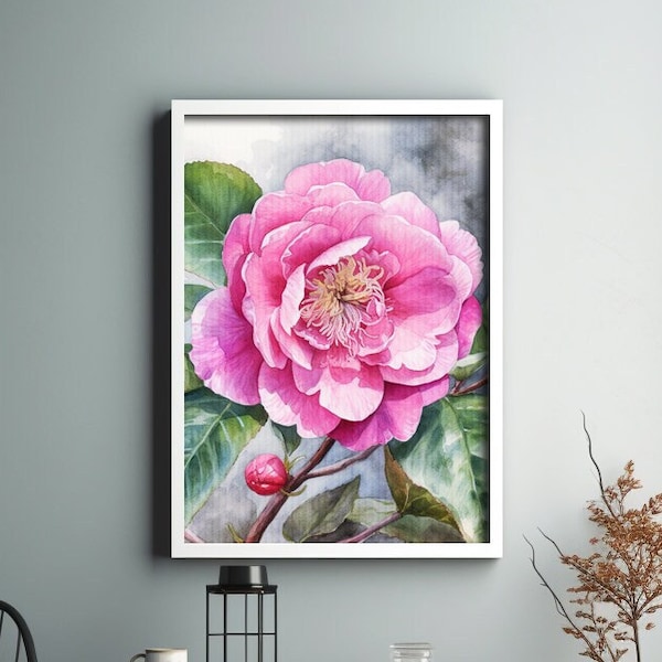 Camellia Watercolor Digital Painting, Realistic Japanese Camellia Watercolor Art For Hallway, Bathroom, Living Room, Office Deco, Japonica