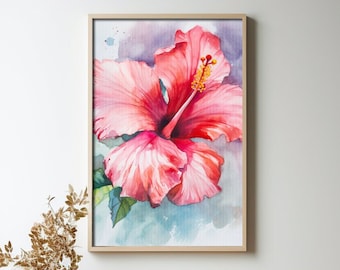 Hibiskus-Blumen-Aquarell-Malerei, realistische Hibiskus-Aquarell für Flur, Badezimmer, Wohnzimmer, Büro, Hibiskus-Malerei