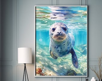 Seal Swimming Watercolor Art Print Decor, Animal Painting For Wall, Office Watercolor Artwork, Watercolor Wildlife Art, Seal Animal Print