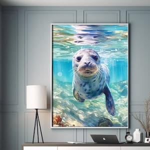 Impresión artística de acuarela de foca nadando, pintura de animales para pared, obra de arte de acuarela para oficina, arte de vida silvestre en acuarela, impresión de animal de foca