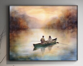 Rustieke aquarel canvas print, boot op water of meer, roeiboot schilderij in neutrale kleur kunst aan de muur, vredig & mooi zeegezicht, cabine kunst