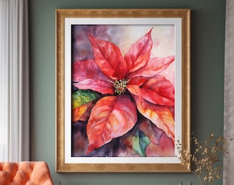 ポインセチアの絵画 クリスマスの花 水彩画 花のアートプリント 赤い