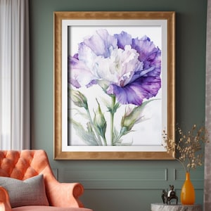 Lisianthus Flower Watercolor Digital Painting, Realistic Prairie Gentian Flower Watercolor For Hallway, Bathroom, Living Room, Office