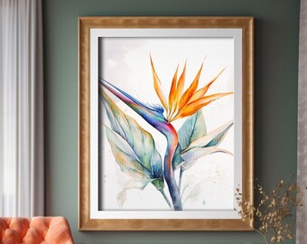 Bird Of Paradise Flower Watercolor Painting, Realistic Bird Of Paradise Plant Watercolor For Hallway, Bathroom, Living Room, Office