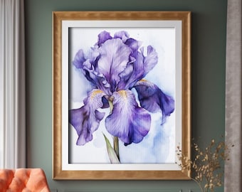 Iris Watercolor Digital Painting, Realistic Iris Art For Hallway, Bathroom, Living Room, Office Deco, Iris Painting