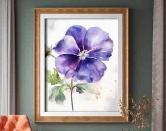 Pintura de acuarela de flor violeta, acuarela violeta realista para pasillo, baño, sala de estar, oficina, pintura violeta