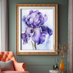 Iris Watercolor Digital Painting, Realistic Iris Art For Hallway, Bathroom, Living Room, Office Deco, Iris Painting