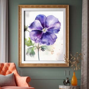 Violet Flower Watercolor Painting, Realistic Violet Watercolor For Hallway, Bathroom, Living Room, Office, Violet Painting