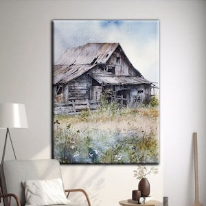 Canvas - Old Barn Watercolor Art, Barn Wall Art, Gray Barn Painting, Rustic Barn, Abandoned Barn Painting, Farmhouse Decor, Watercolor Barn